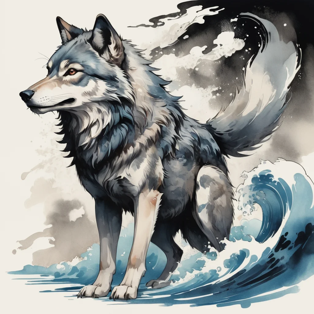 Japanese Ink-Style Wolf with Flowing Brushstrokes